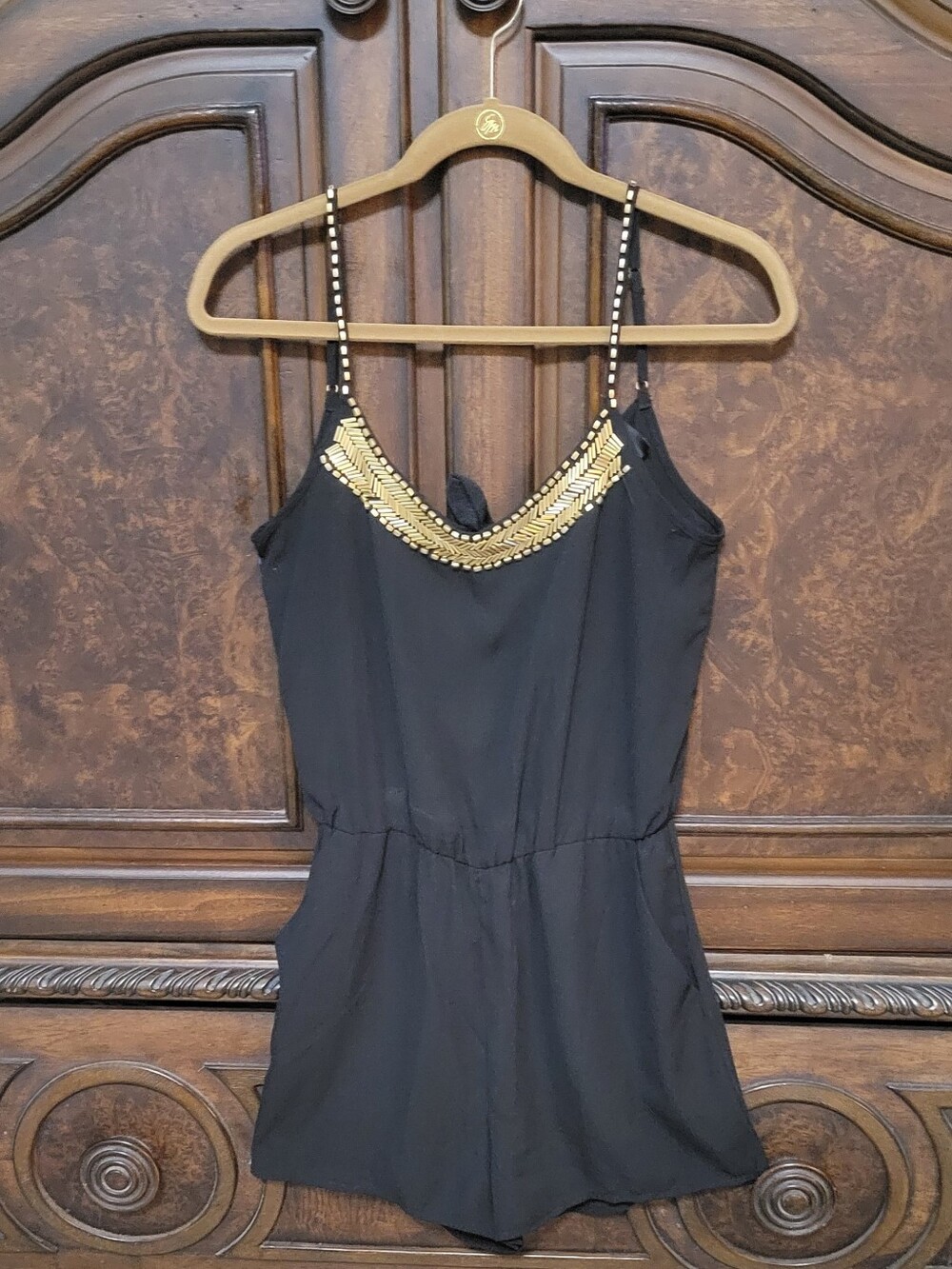 Romeo & Juliet Couture Black Romper with Gold Beaded Neckline